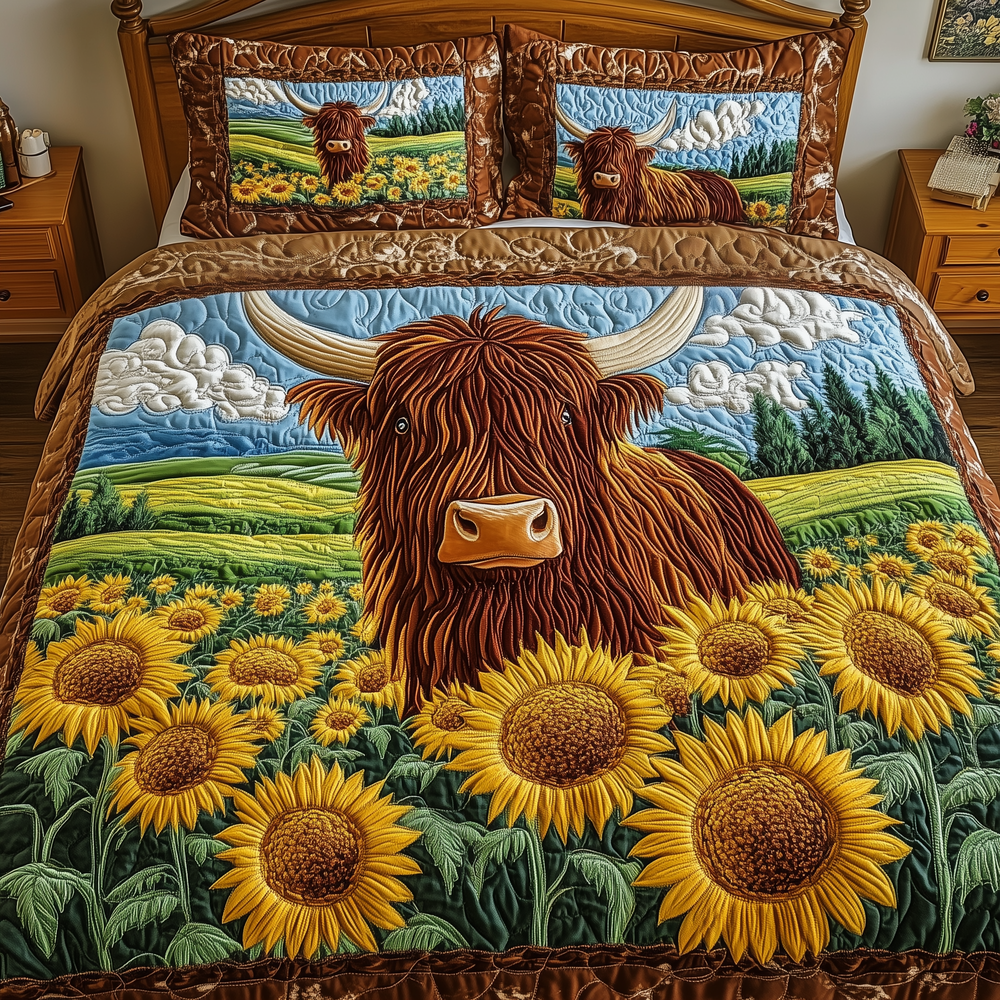 Golden Meadow Highland Cow Quilted Bedding Set Cover Bed Set Sunflower Birthday Gifts