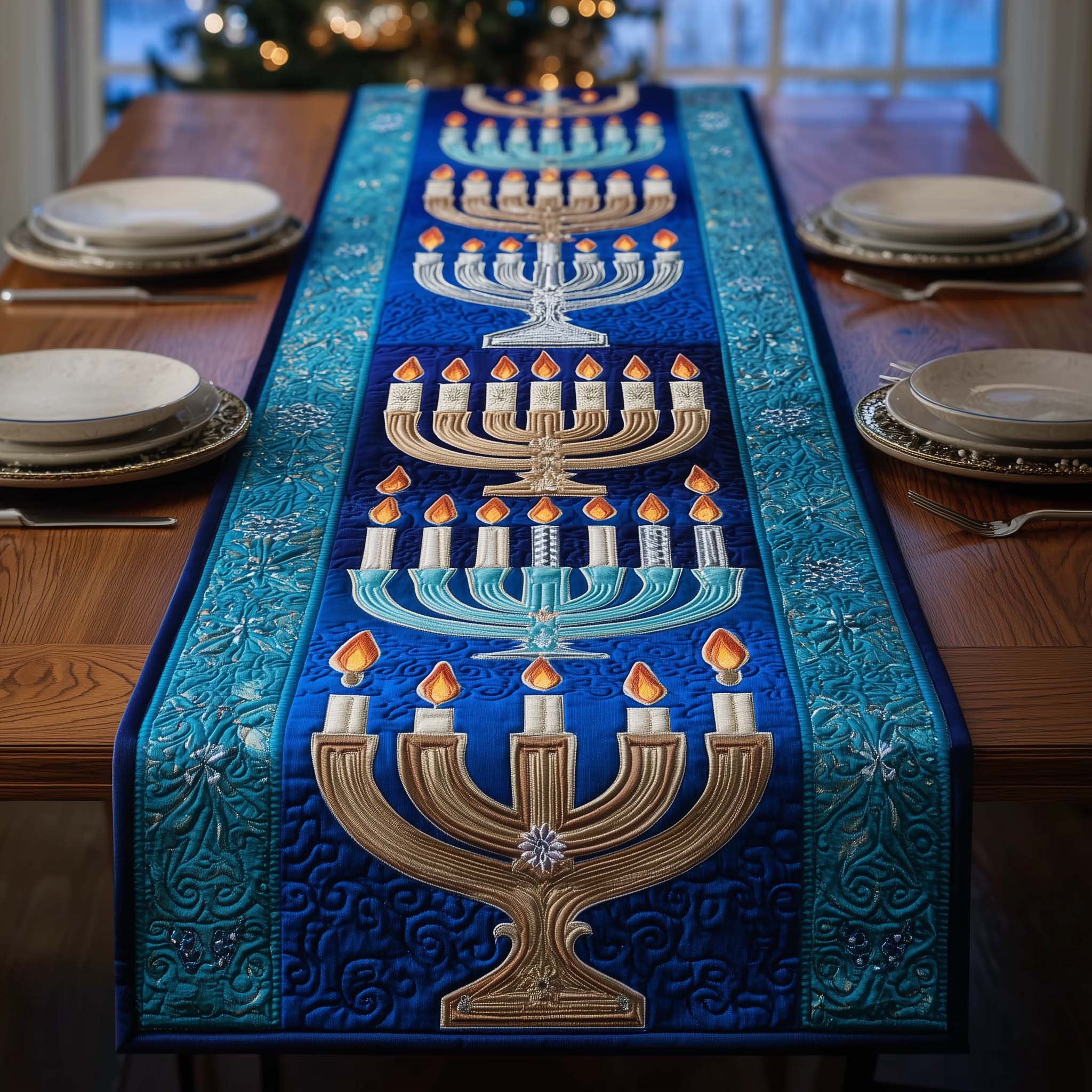 Golden Menorah Quilted Table Runner Dining Room Table Decor Ideas Hanukkah Gift Ideas For Friends
