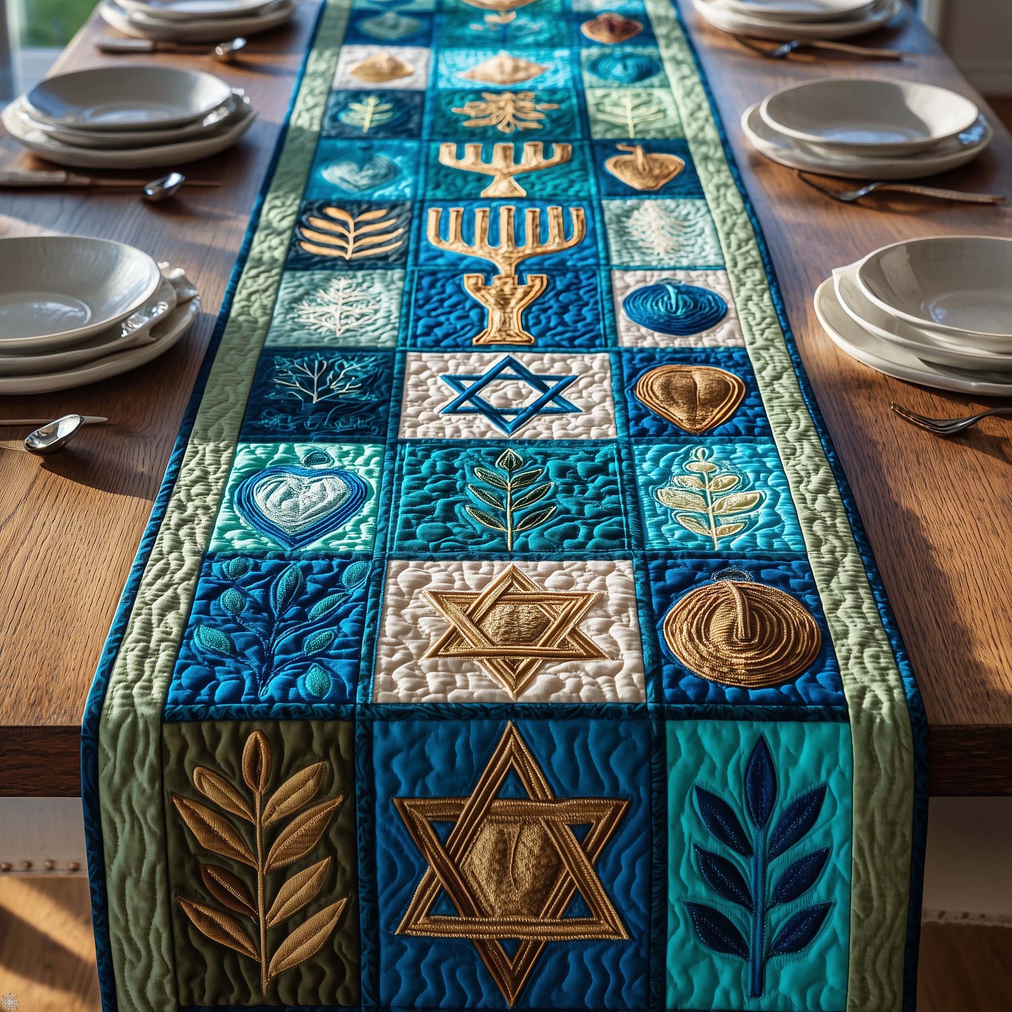Golden Menorah Quilted Table Runner Dinner Table Decor Ideas Happy Hanukkah Gifts