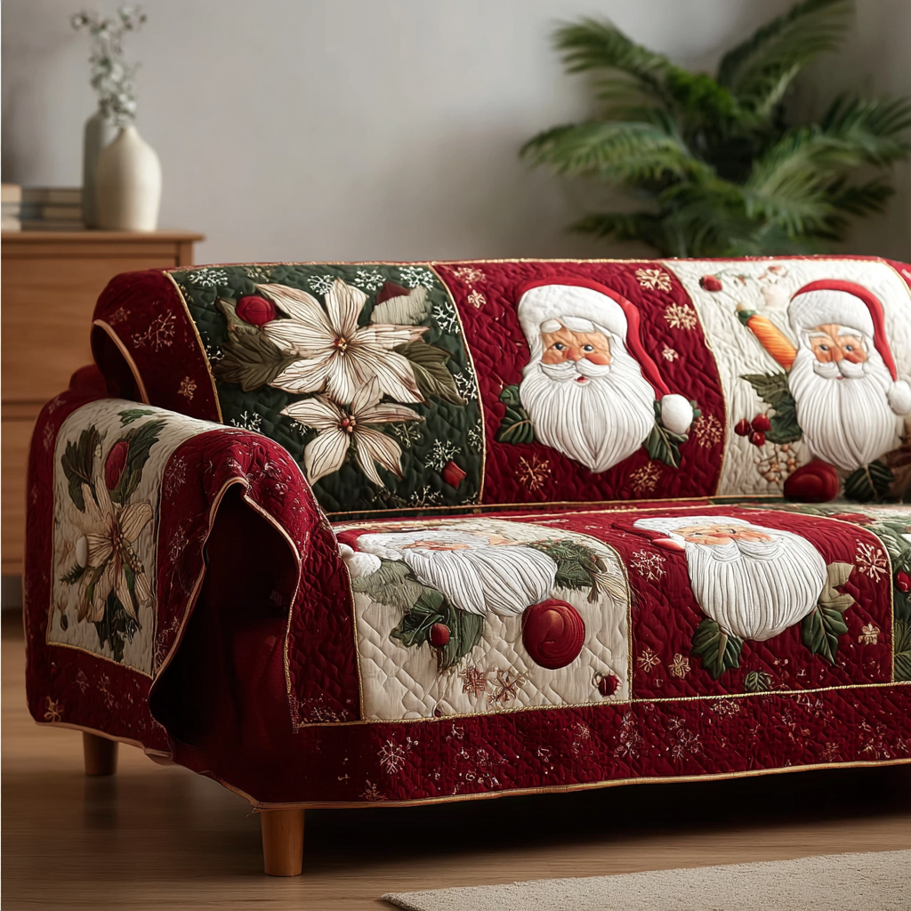 Golden Noel Quilted Sofa Cover Indoor Decor Family Christmas Presents
