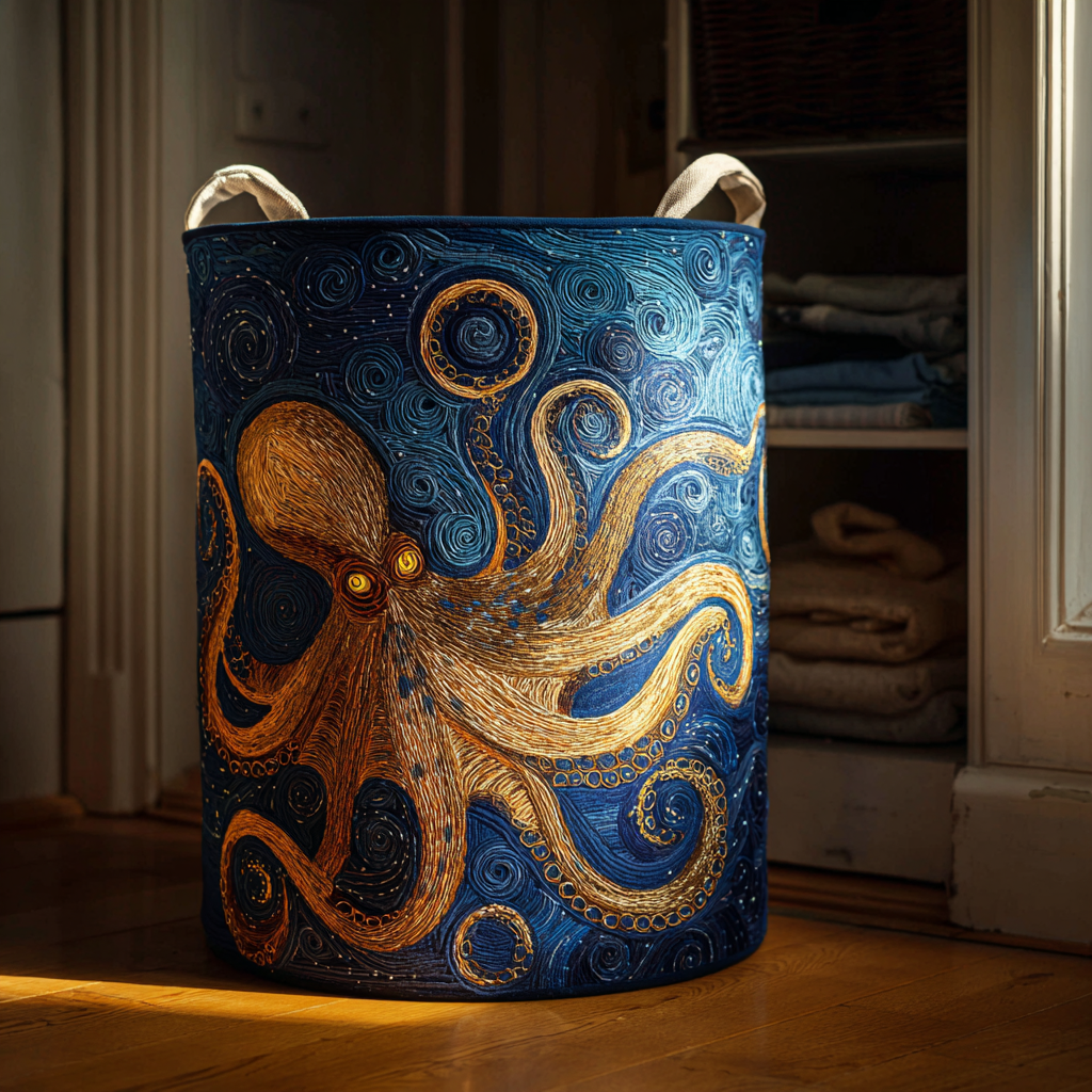 Golden Octopus Quilted Laundry Basket Dirty Clothes Hampers Gifts For Octopus Lovers