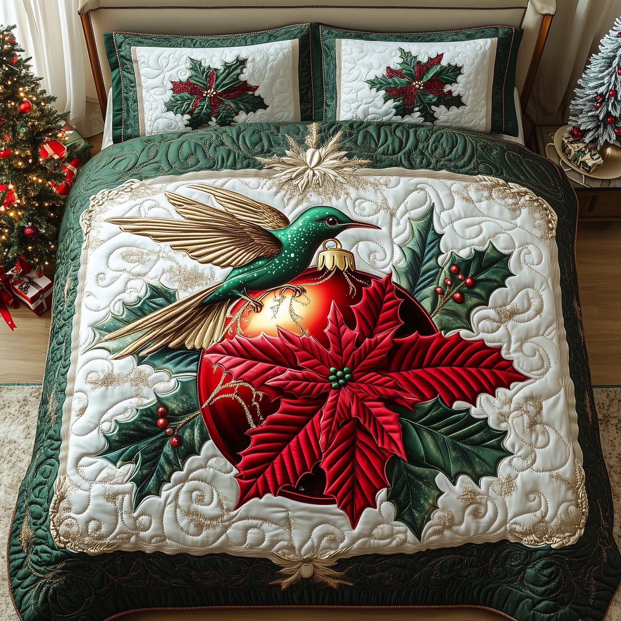 Golden Ornament Quilted Bedding Set Christmas Bed Spread Gifts For Hummingbird Lovers