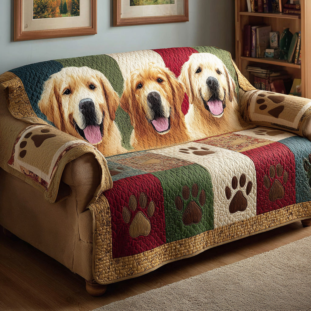 Golden Paw Print Quilted Sofa Cover Living Room Decorations Unique Golden Retriever Gifts