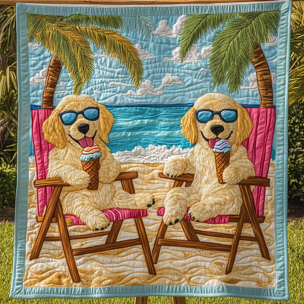 Golden Paws on a Sandy Beach Quilted Blanket Bedroom Decor Labrador Gifts For Him Her