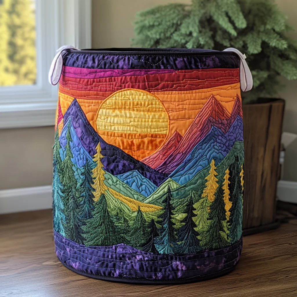 Golden Peaks Quilted Laundry Basket Sunset Mountain Hamper Fabric Nature Lover Gift