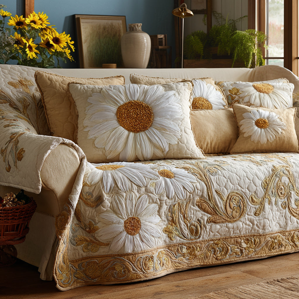 Golden Petals Quilted Sofa Cover Large Couch Cover Daisy Flower Gifts