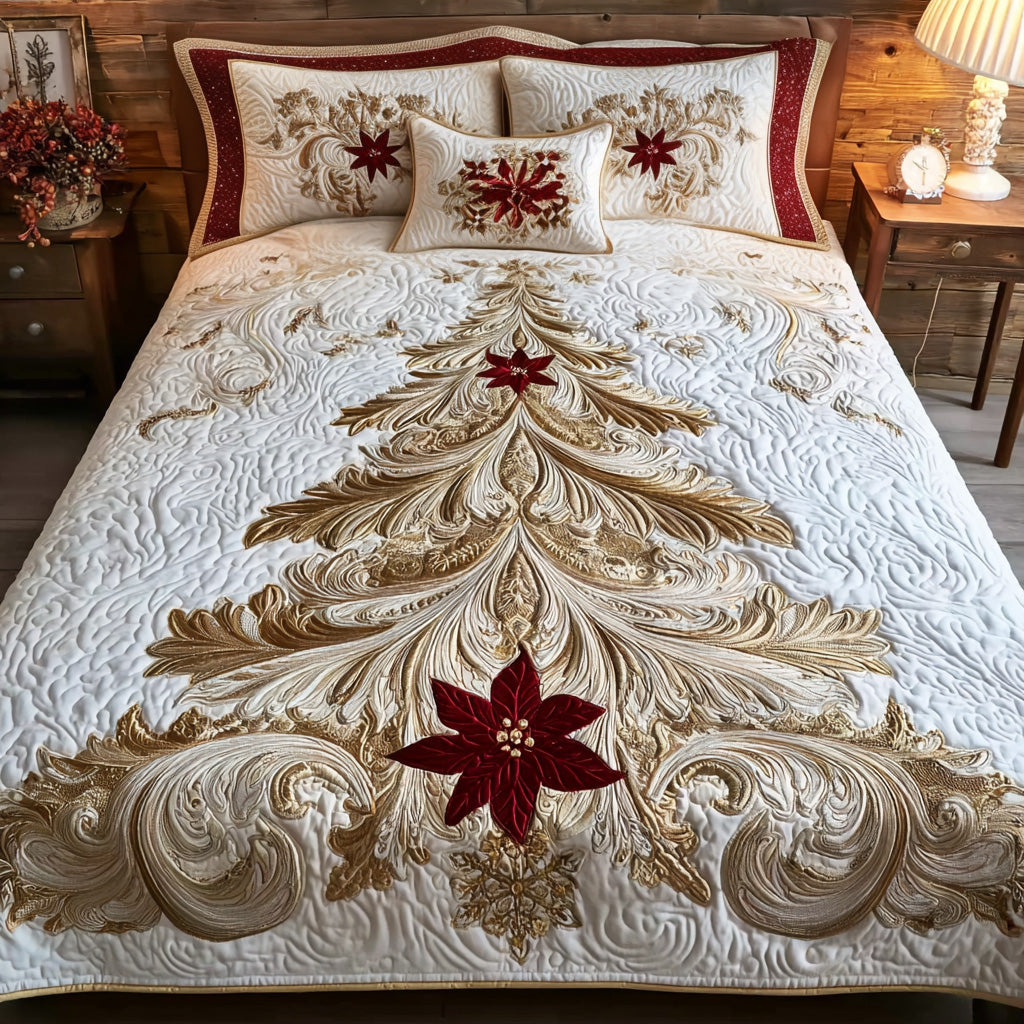 Golden Poinsettia Quilted Bedding Set Xmas Holiday Duvet Cover Set Gifts For The Family Christmas