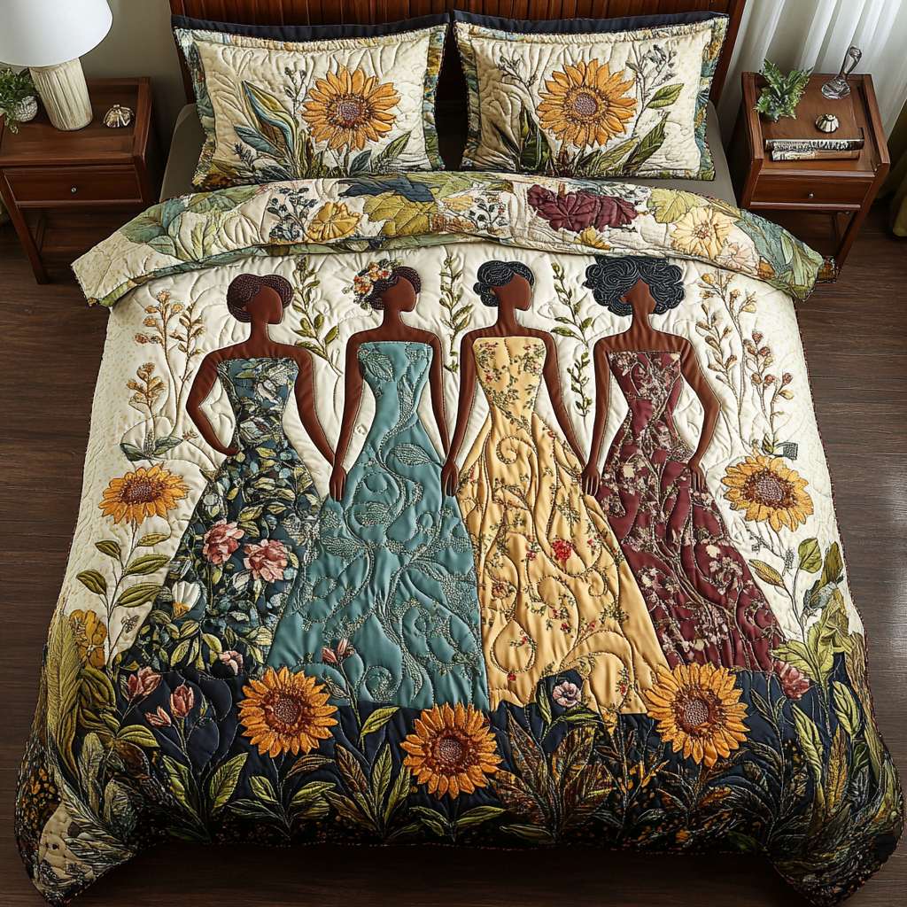 Golden Queens Quilted Bedding Set Cute Bed Sheets Melanin African American Gifts