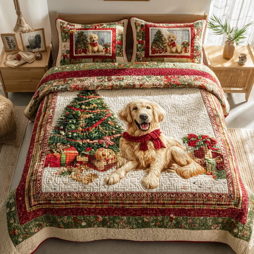 Golden Retriever Christmas Quilted Bedding Set Duvet Cover Cute Golden Retriever Xmas Gifts