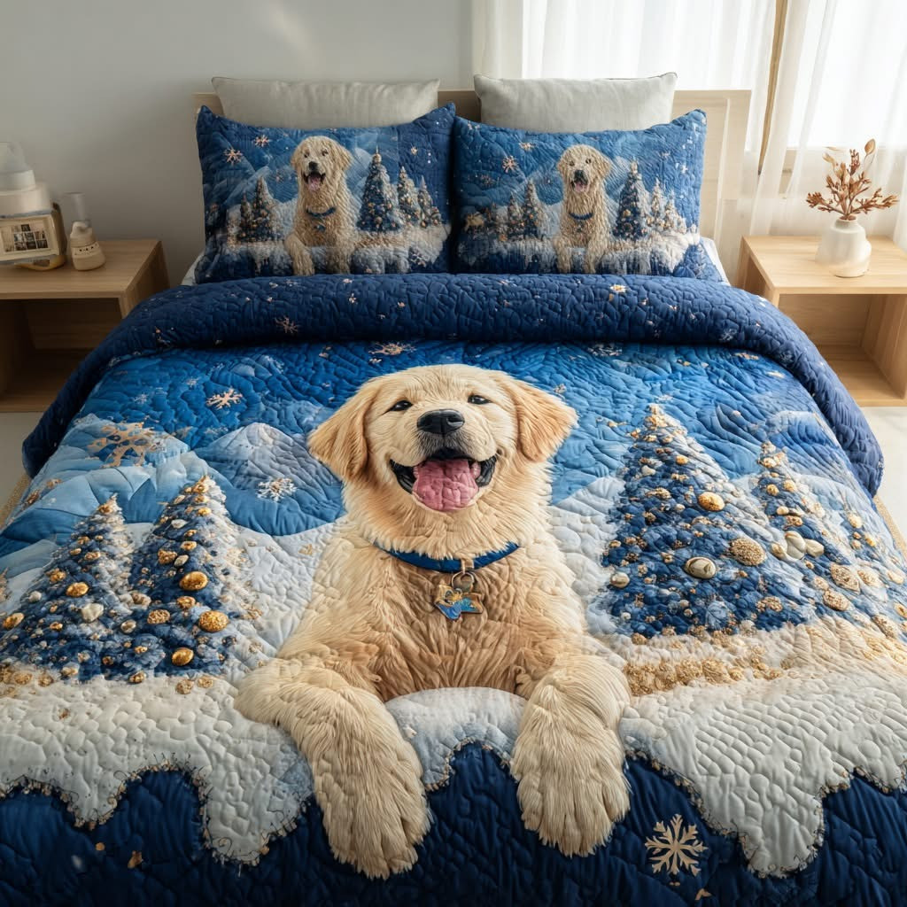 Golden Retriever Puppy Christmas Quilted Bedding Set Duvet Cover Cute Gifts For Dog Lovers