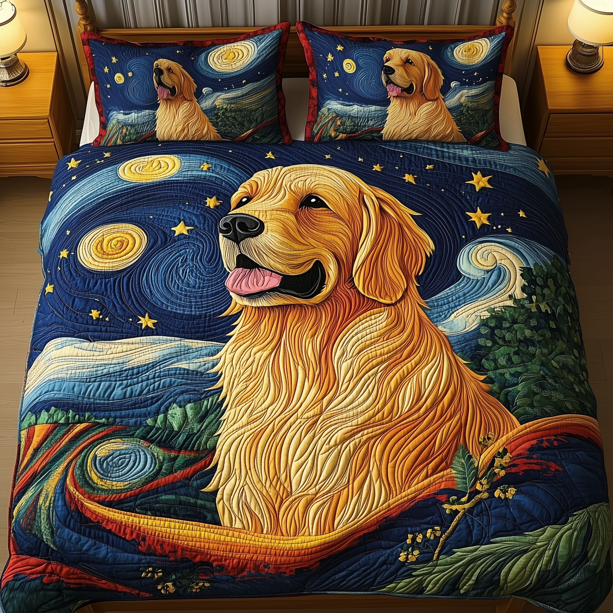 Golden Retriever Quilted Bedding Set Bed Decor Gifts For Golden Retriever Owners