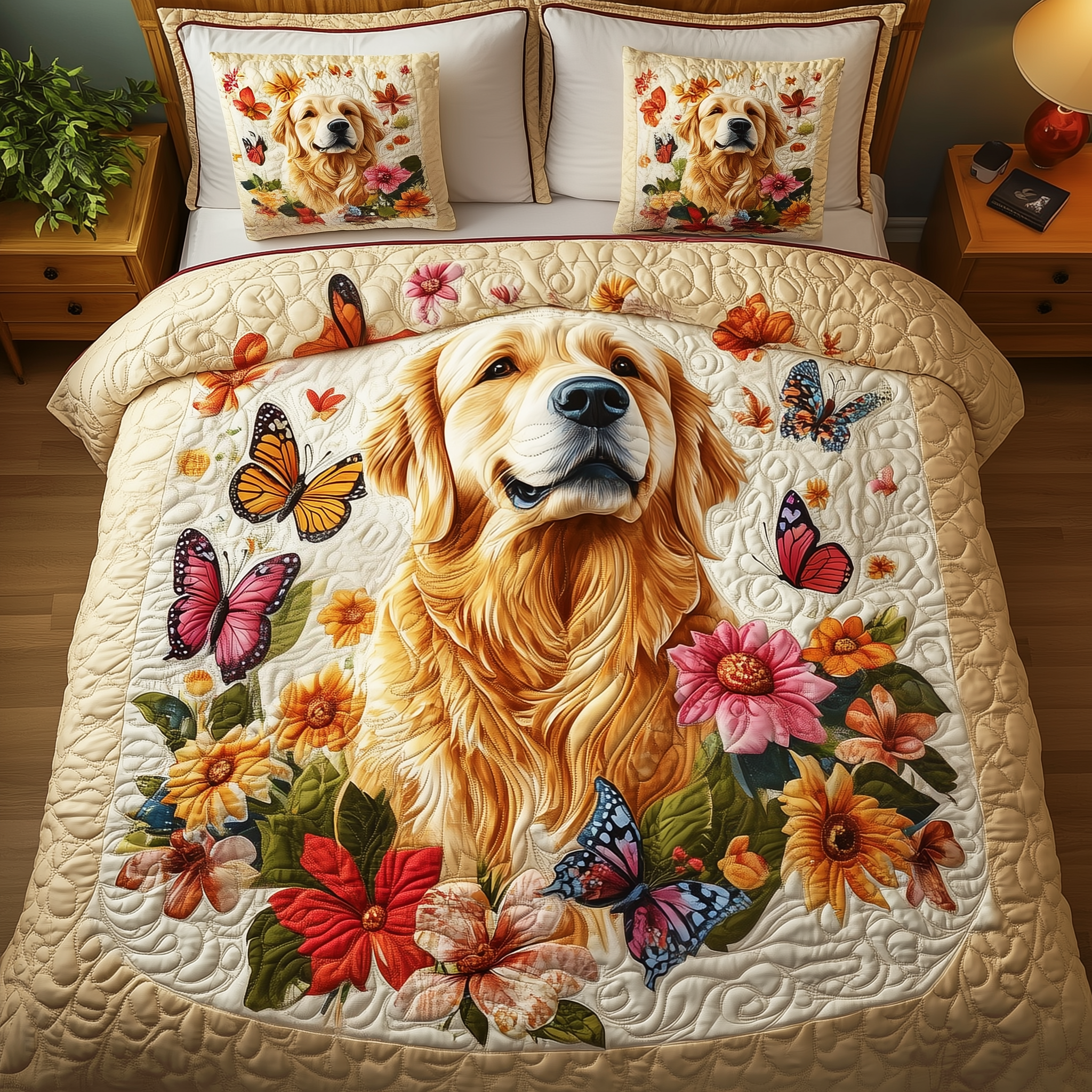 Golden Retriever Quilted Bedding Set Bed Room Decoration Golden Retriever Themed Gifts