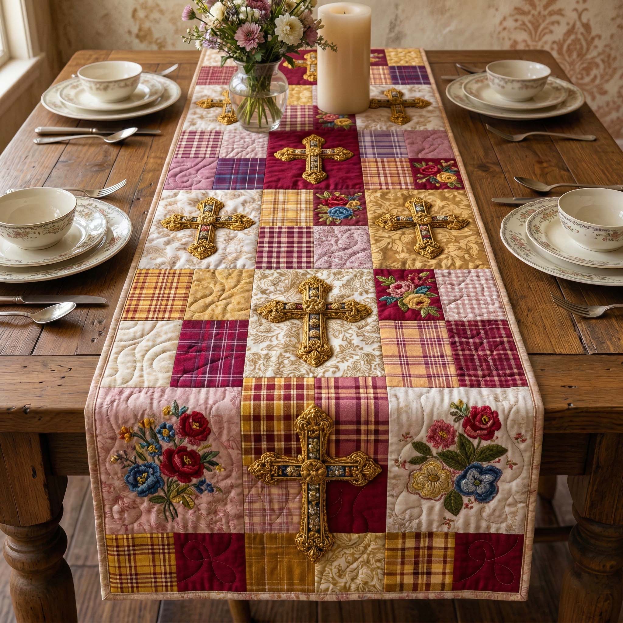 Golden Rose Quilted Table Runner Dining Room Table Decor Father'S Day Gift Ideas For Church