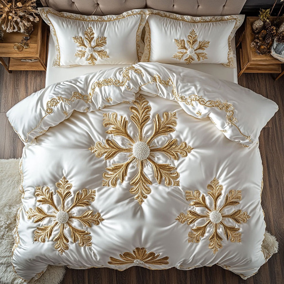 Golden Snowflake Quilted Bedding Set Christmas Duvet Cover Set Gifts For Couples