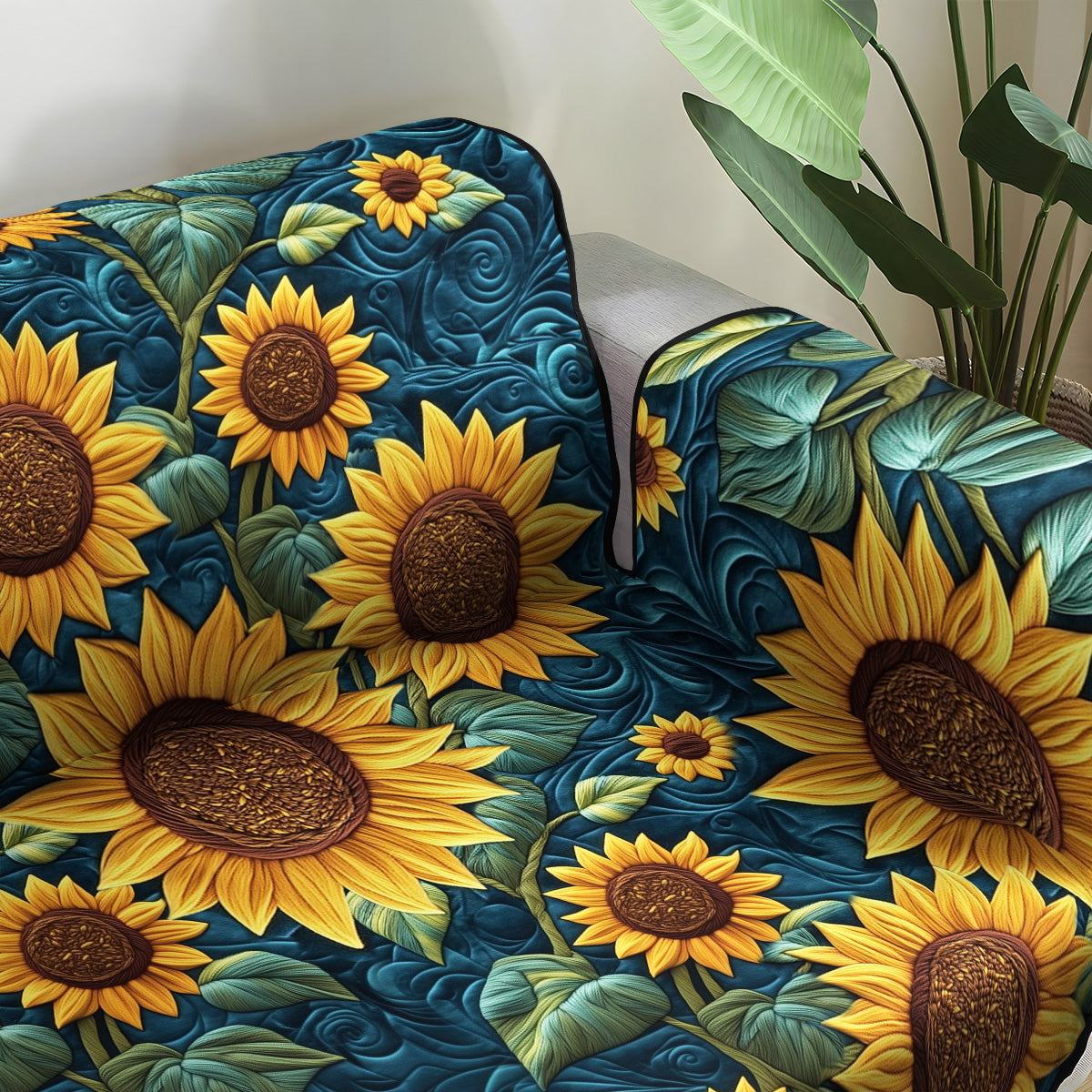 Golden Sunburst Quilted Sofa Cover Home Decor Sunflower Theme Gifts