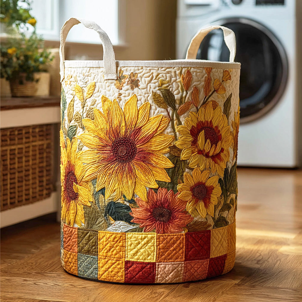 Golden Sunflower Quilted Laundry Basket Floral Sunflower Hamper Fabric Gift For Her