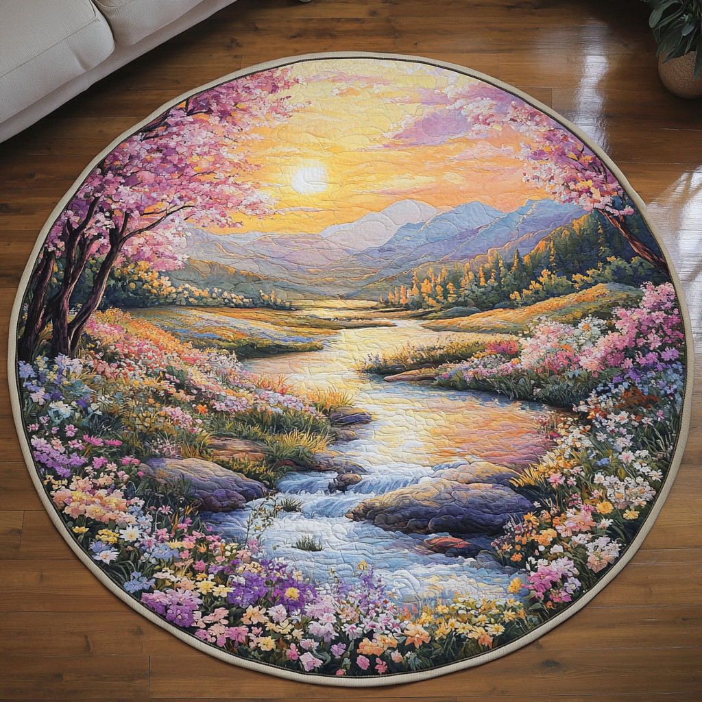 Golden Sunset River Quilted Round Mat Large Round Area Rugs Gifts For Your Mom