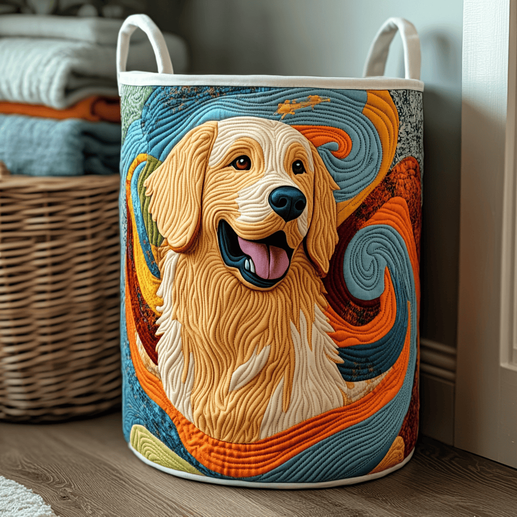 Golden Swirl Spirit Quilted Laundry Basket Best Dirty Clothes Hamper Gifts For Golden Retriever Owners