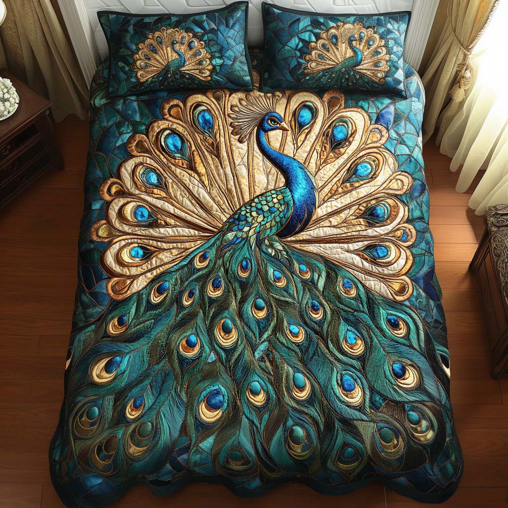 Golden Tail Symphony Quilted Bedding Set Cozy Bedroom Decor Gifts For Peacock Lover