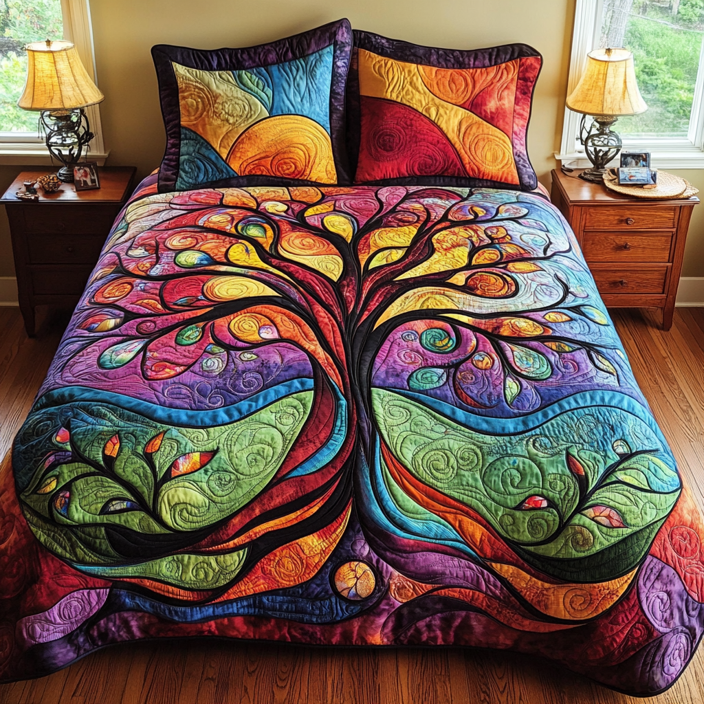 Golden Tree of Life Quilted Bedding Set Cute Bed Sheets For Teens First Time Mothers Day Gifts