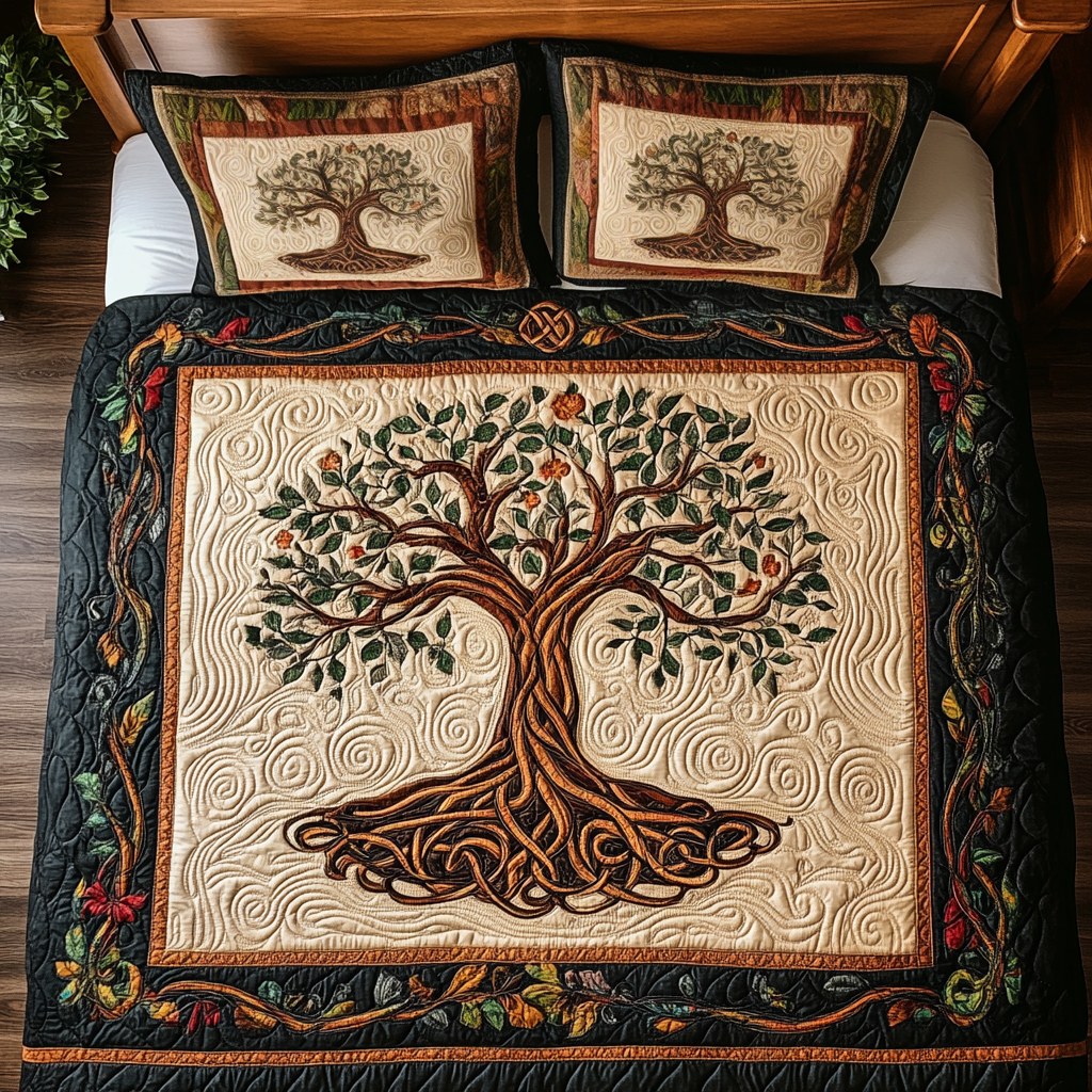 Golden Tree of Life Quilted Bedding Set Unique Bed Sheet Set Father's Day Gifts For Grandpa