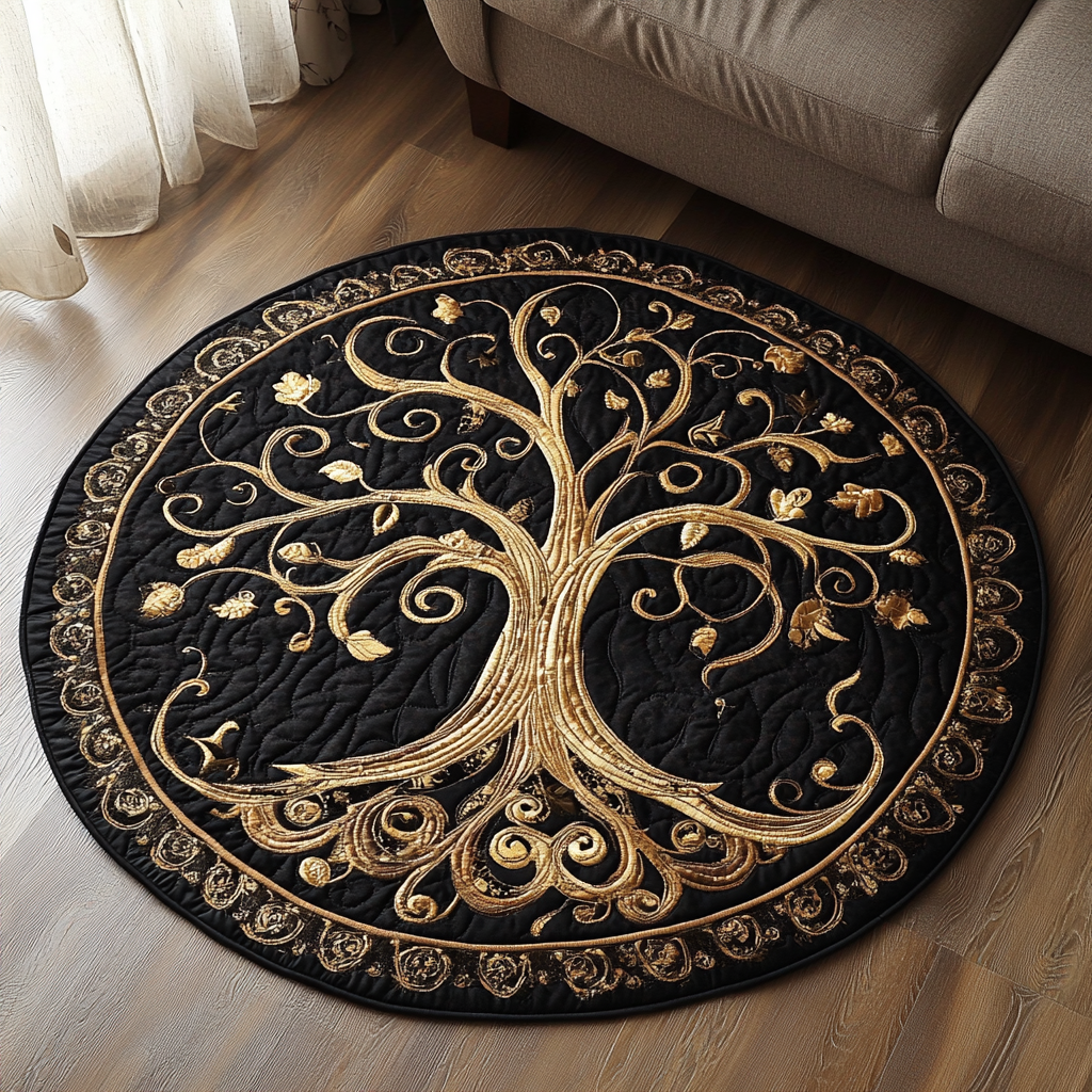 Golden Tree Quilted Round Mat Modern Circle Rug Tree Of Life Gifts For Her