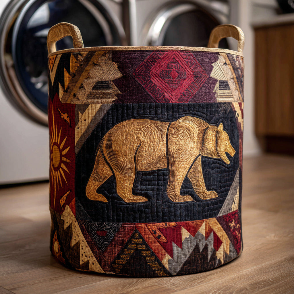 Golden Tribal Bear Quilted Laundry Basket Foldable Laundry Hamper Native American Presents For Her
