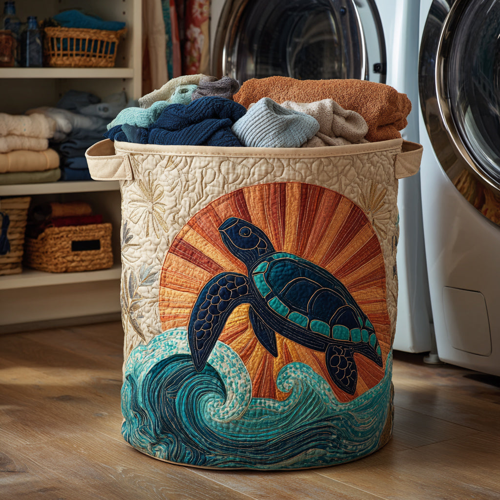 Golden Turtle Sunset Quilted Laundry Basket Foldable Storage Bin Sea Turtle Stuff