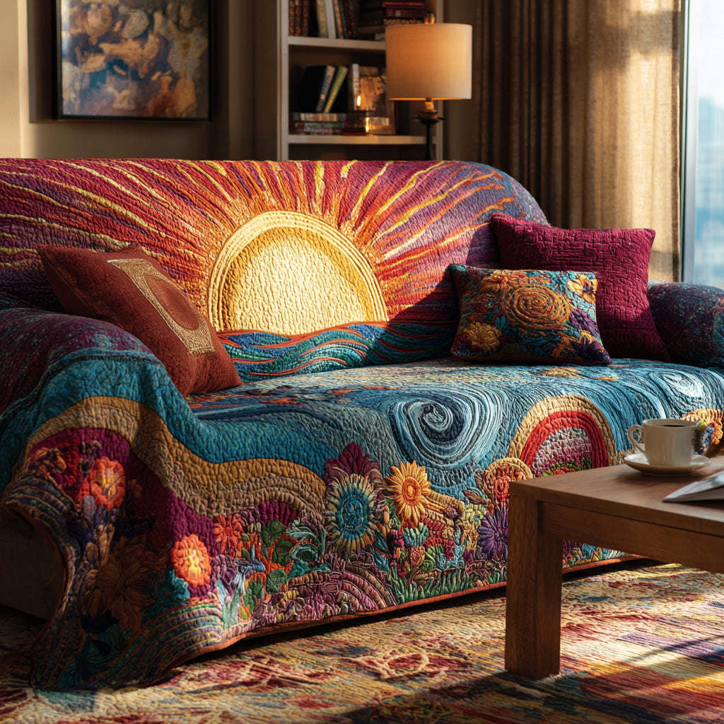 Golden Wave Sunrise Quilted Sofa Cover Furniture Slipcovers Family Present Ideas