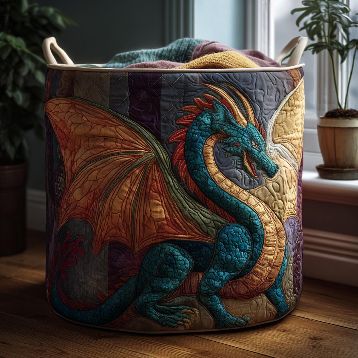 Golden Wyvern Quilted Laundry Basket Laundry Hamper Gift For Dragon Lover