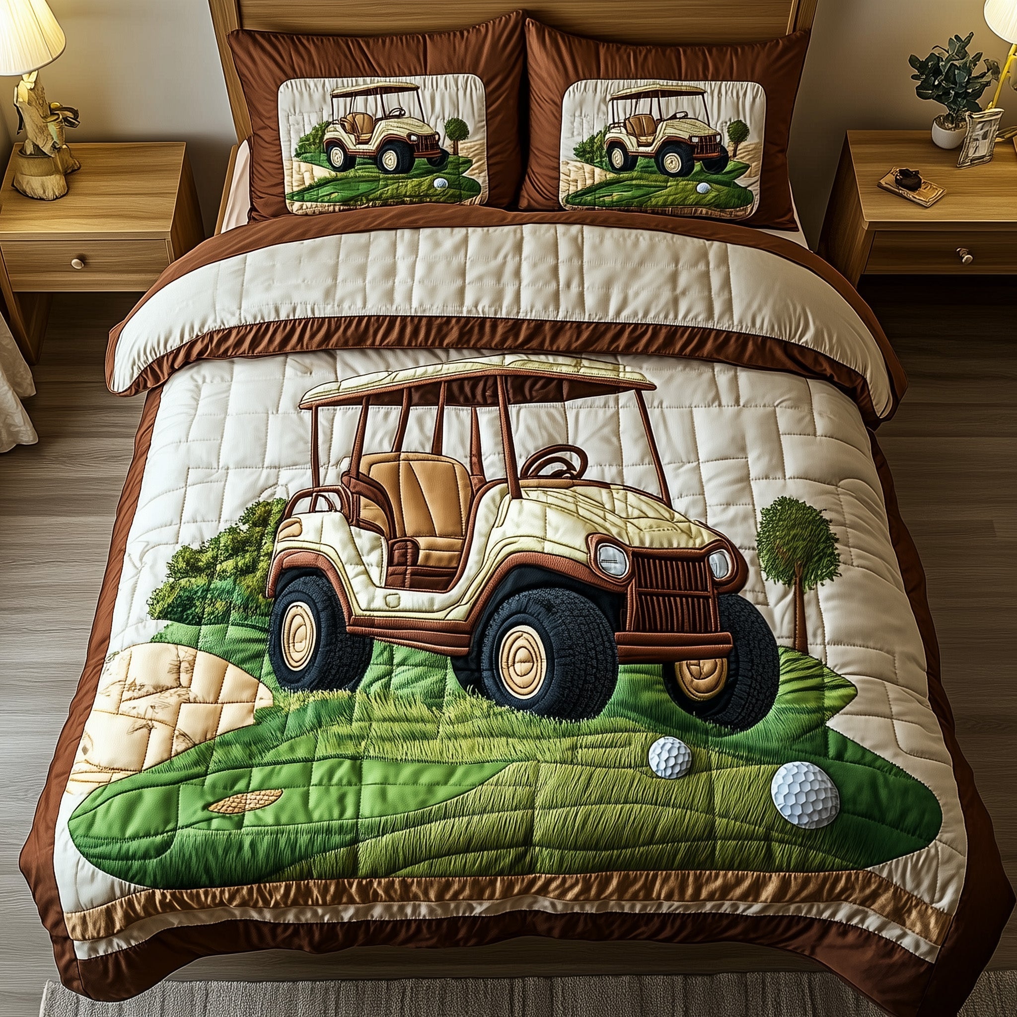 Golf Cart Quilted Bedding Set Unique Bed Sheet Set Golf Gifts For Dad