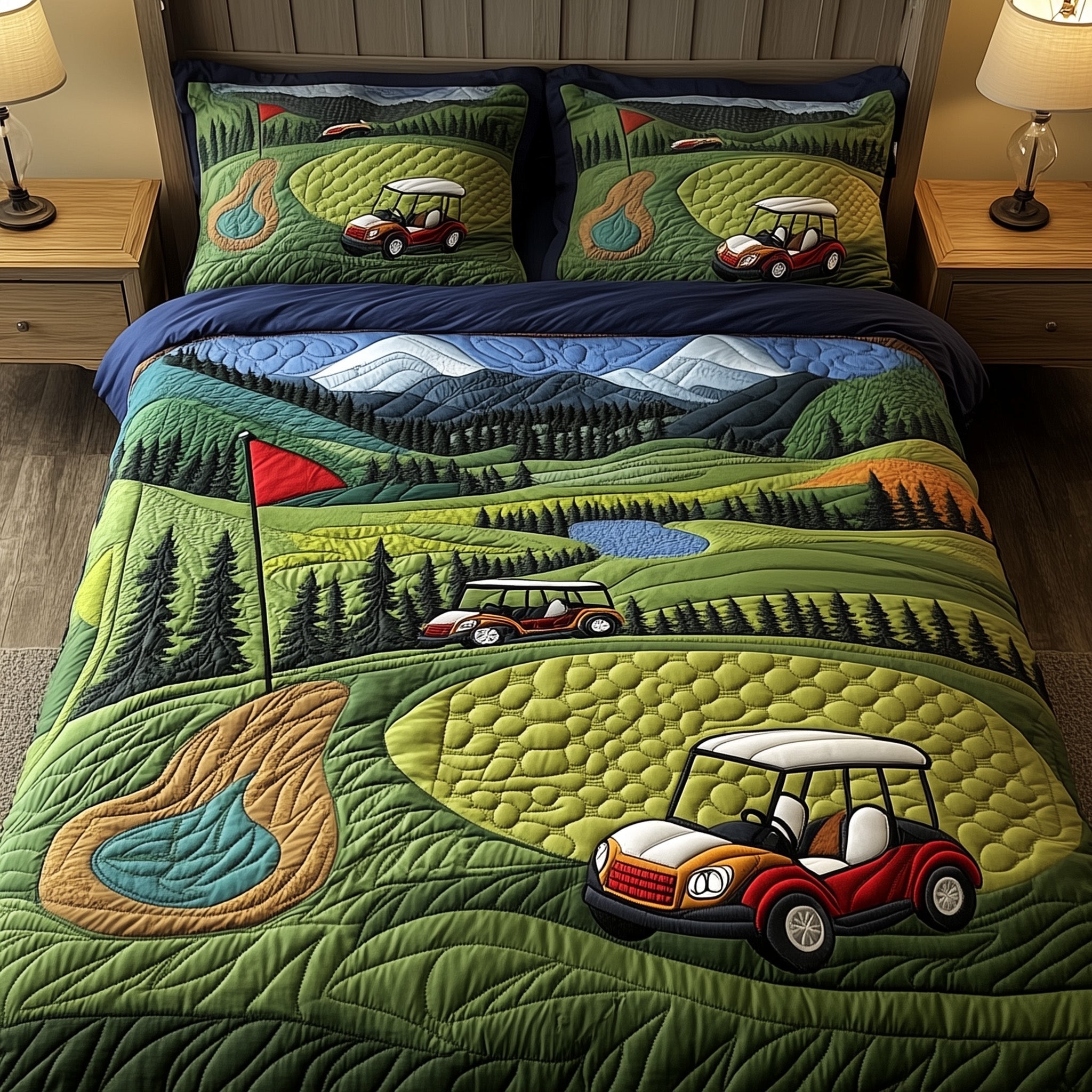 Golf Course Quilted Bedding Set Queen Bed Set Cool Gifts For Golf Lovers