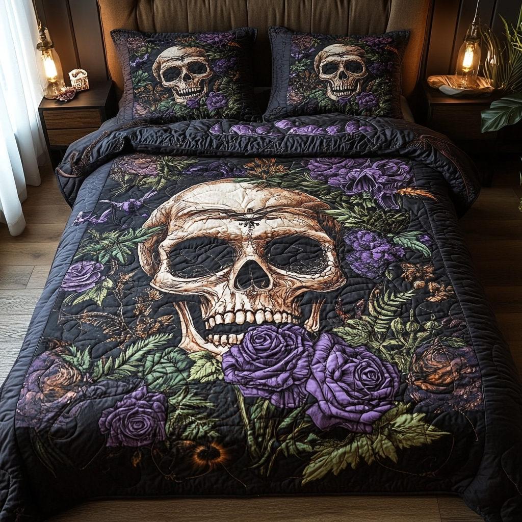 Gothic Bloom Quilted Bedding Set Cute Bed Sheets Skull Items For Gifts