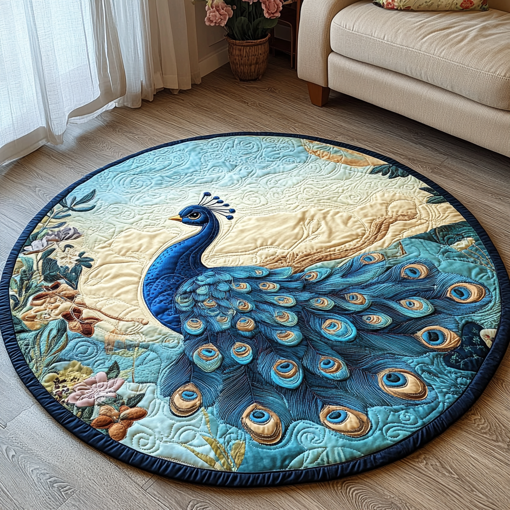 Graceful Peacock Quilted Round Mat Large Round Carpet Rugs Bonus Dad Gifts