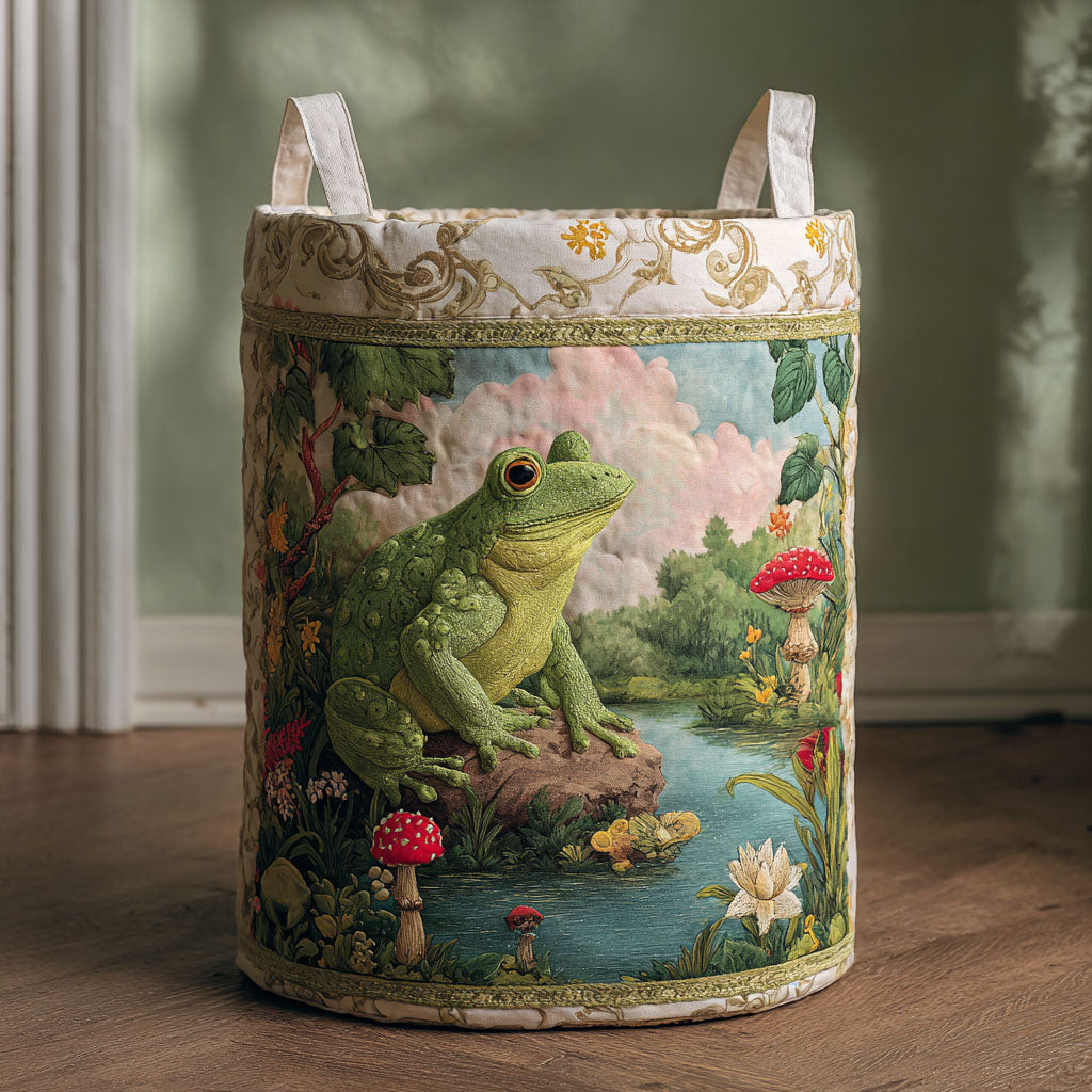 Green Frog Quilted Laundry Basket Woodland Frog Hamper Fabric Rustic Home Gift