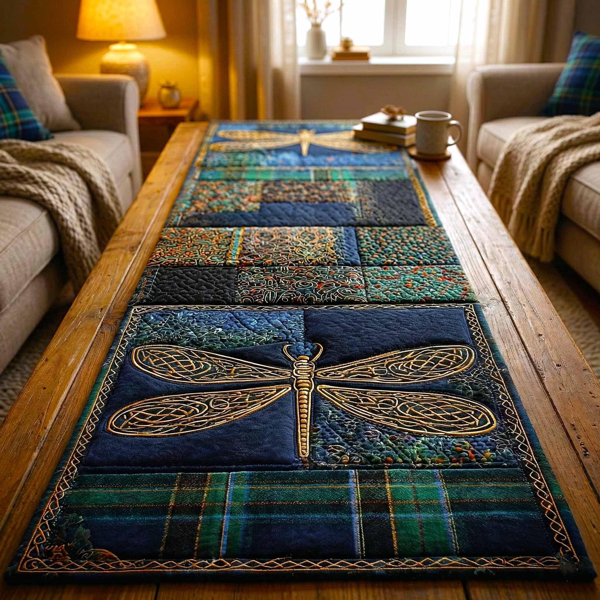 Green Heritage Quilted Table Runner Holiday Runner Dining Dragonfly Gift Items