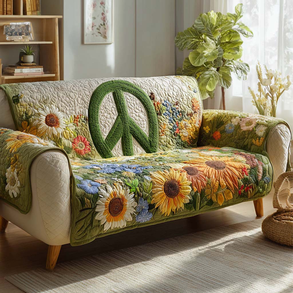 Green Meadow Harmony Quilted Sofa Cover Couch Protector Hippie Birthday Gifts