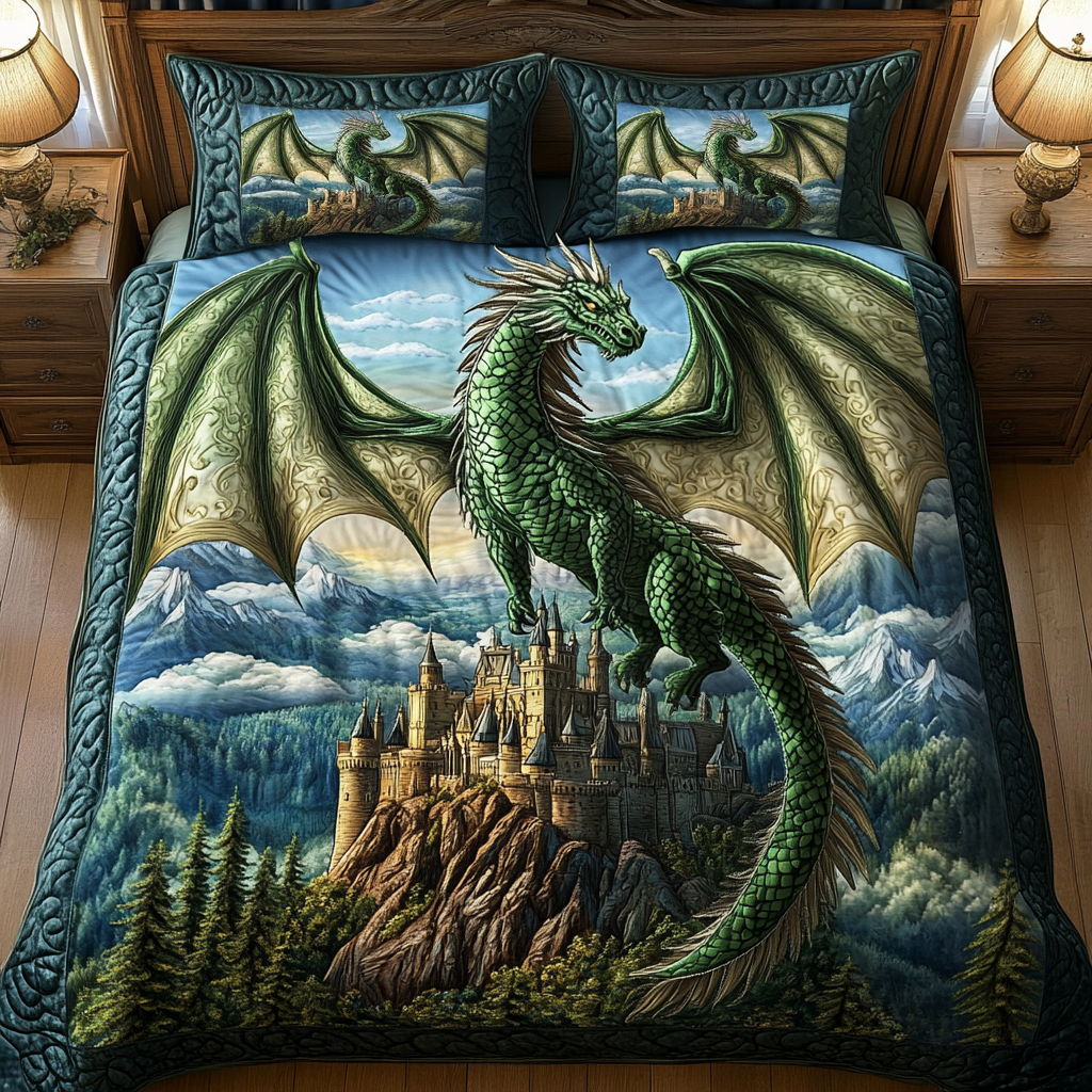 Green Sentinel Quilted Bedding Set Best King Bed Sheets Best Dragon Gifts For Christmas