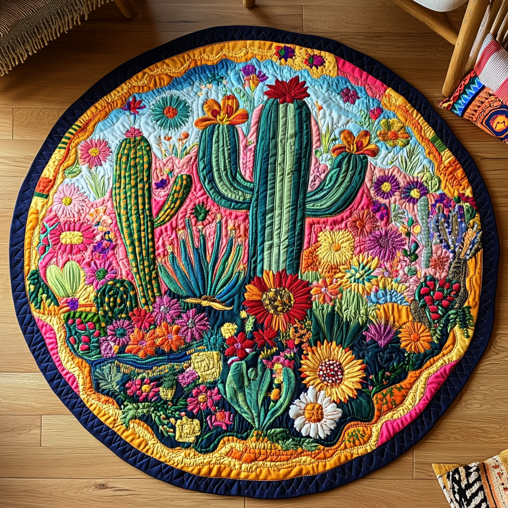 Green Succulent Sanctuary Quilted Round Mat Mat Circle Cactus For Birthday Gift