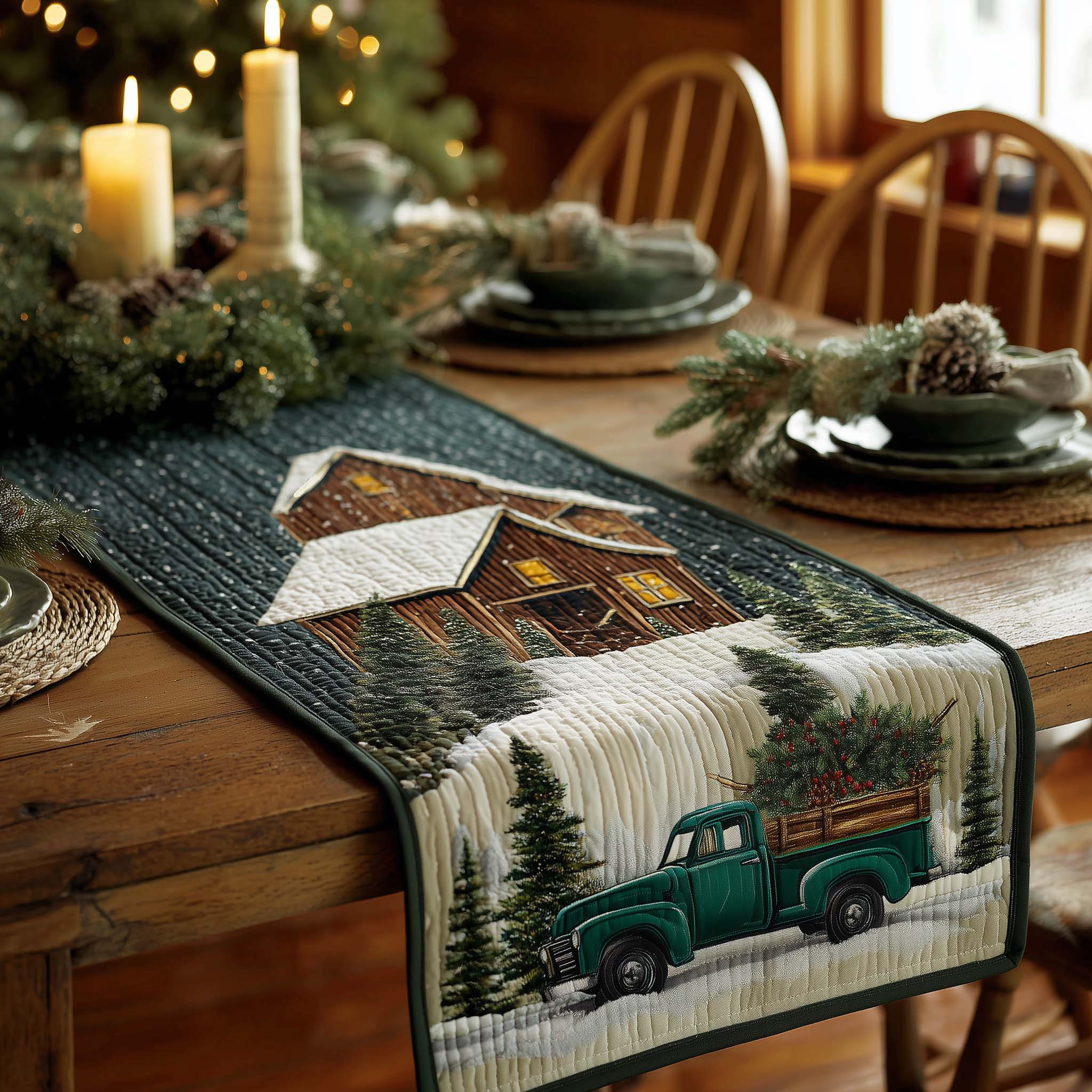 Green Truck Quilted Table Runner Best Christmas Dinner Table Decorations Christmas Ideas For Family