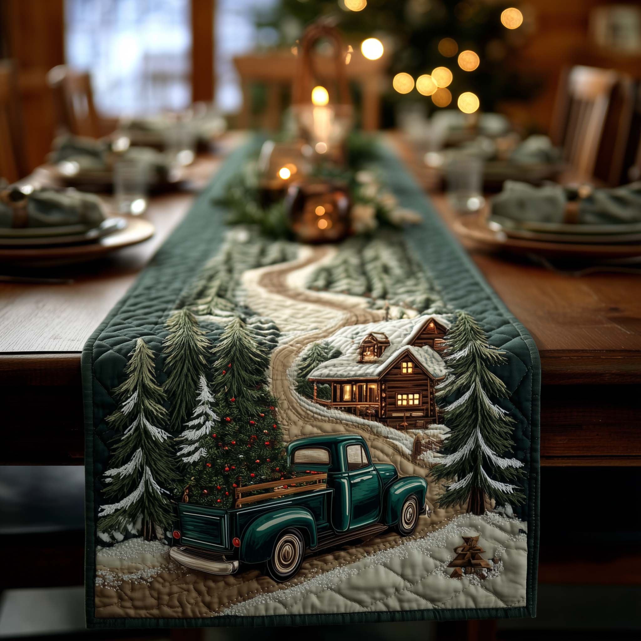Green Truck Quilted Table Runner Christmas Dining Table Decor Gifts For The Family Christmas
