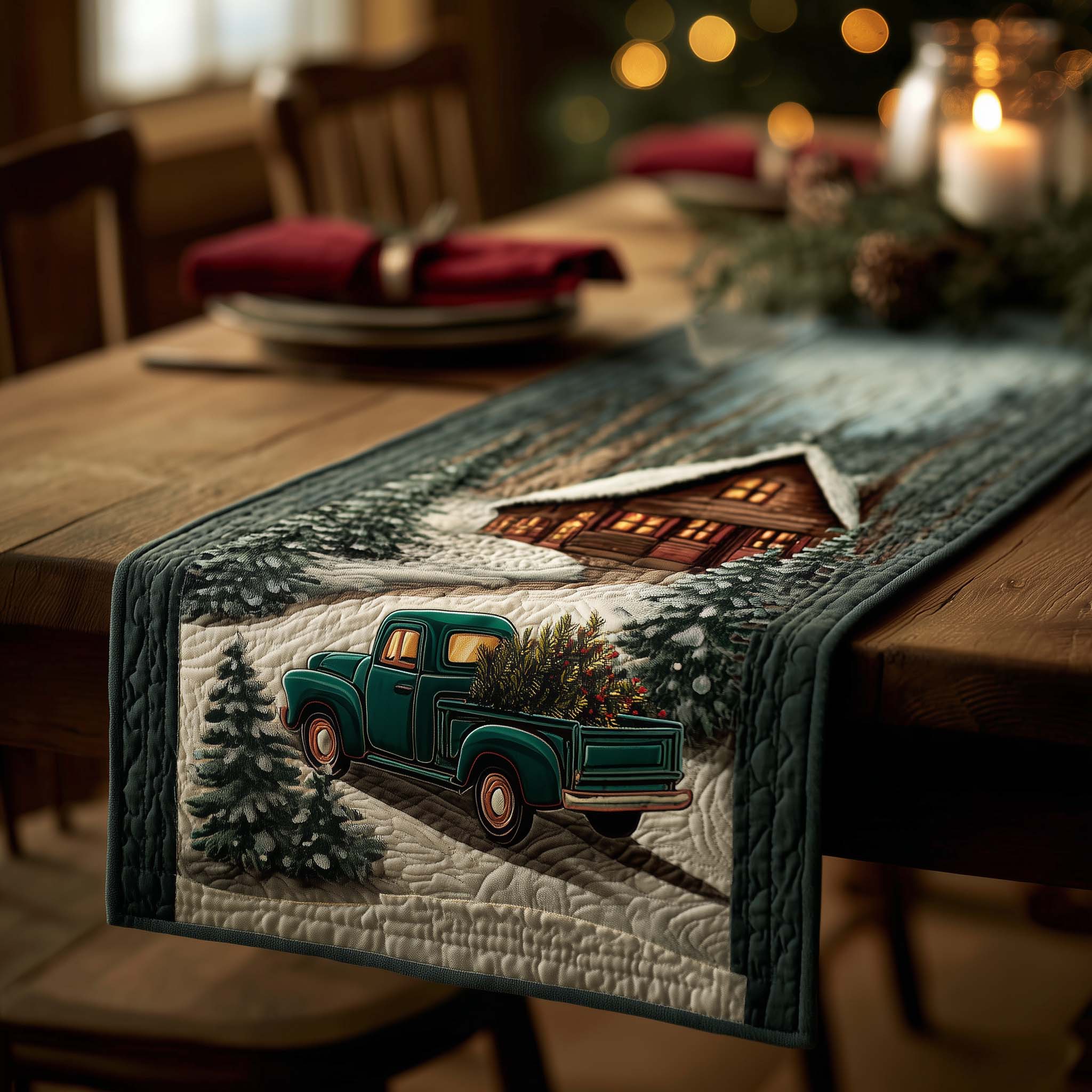 Green Truck Quilted Table Runner Dinner Table Decorations Christmas Family Christmas Presents
