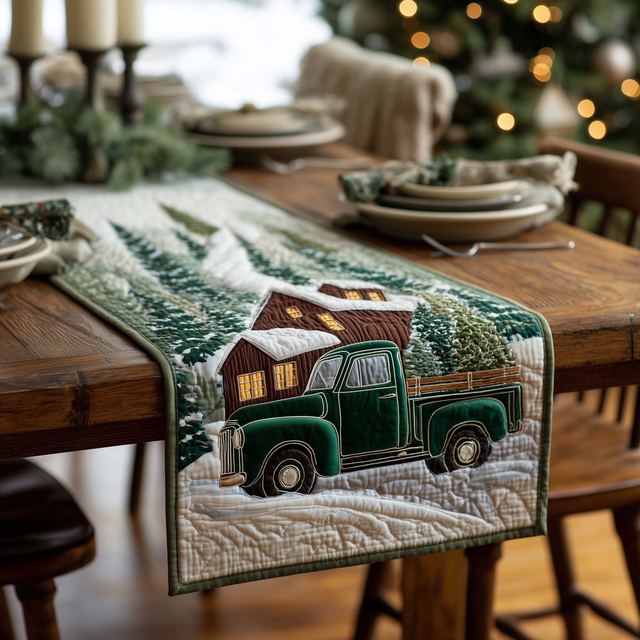 Green Truck Quilted Table Runner Xmas Dinner Table Decorations Family Gift Ideas For Christmas