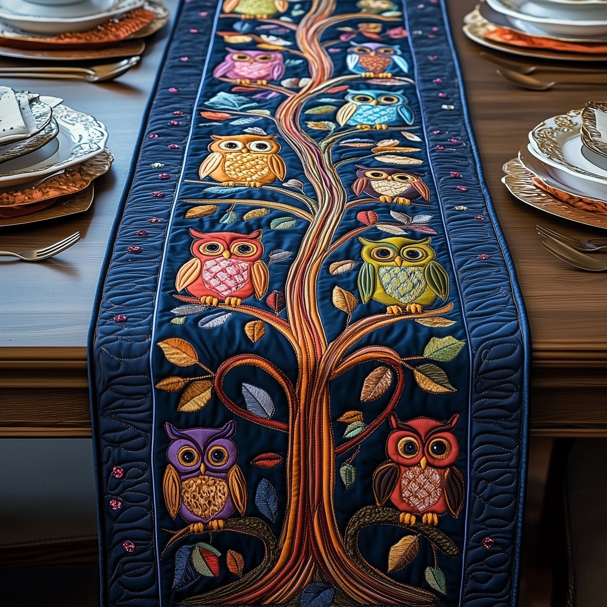 Guardian of the Forest Quilted Table Runner Dining Room Table Decor Owl Themed Christmas Gifts