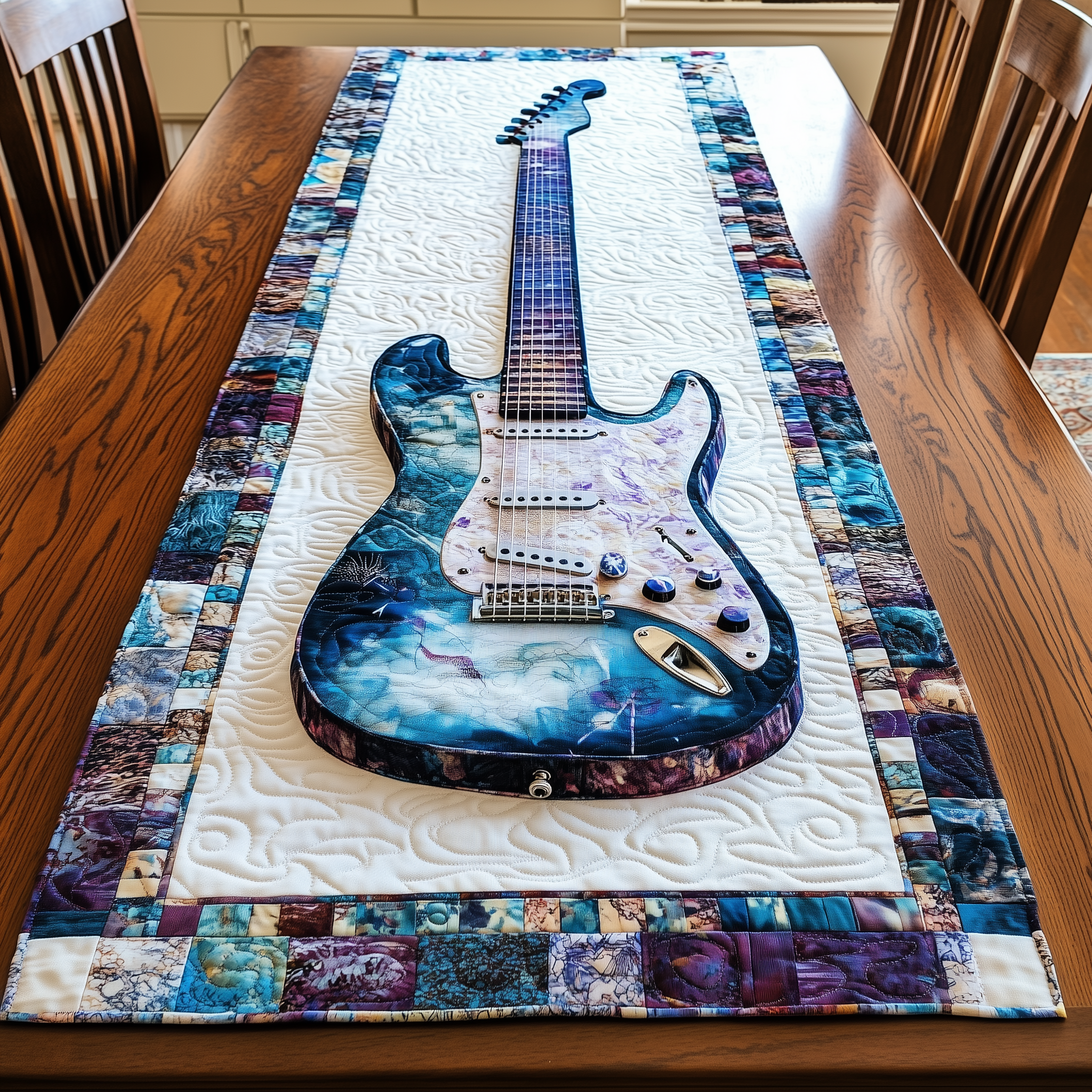 Guitar Blue Quilted Table Runner Table Mat Runner Gift Ideas For Guitar Lovers