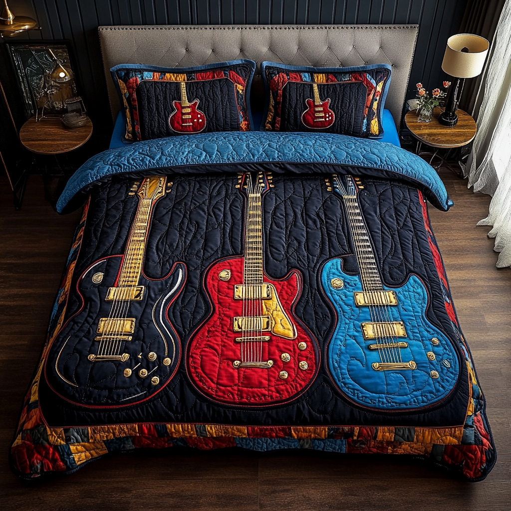 Guitar Grooves Quilted Bedding Set Cute Bed Sheets Items Stuff For Guitar Lovers