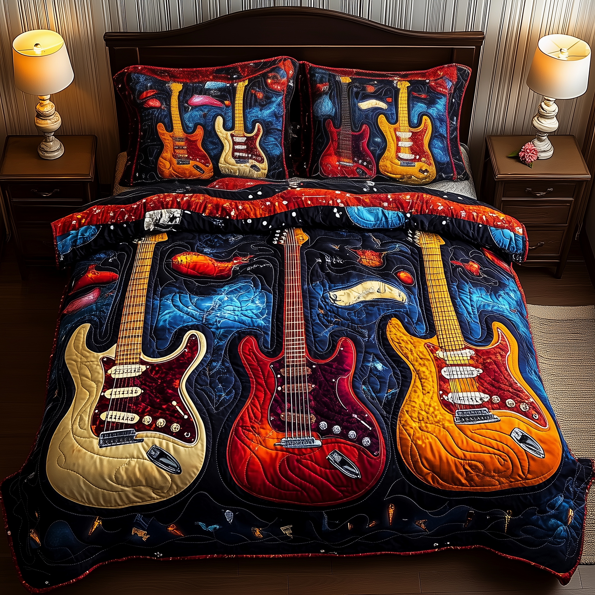 Guitar Quilted Bedding Set Bed Comforter Set Best Gift Ideas For Guitar Players