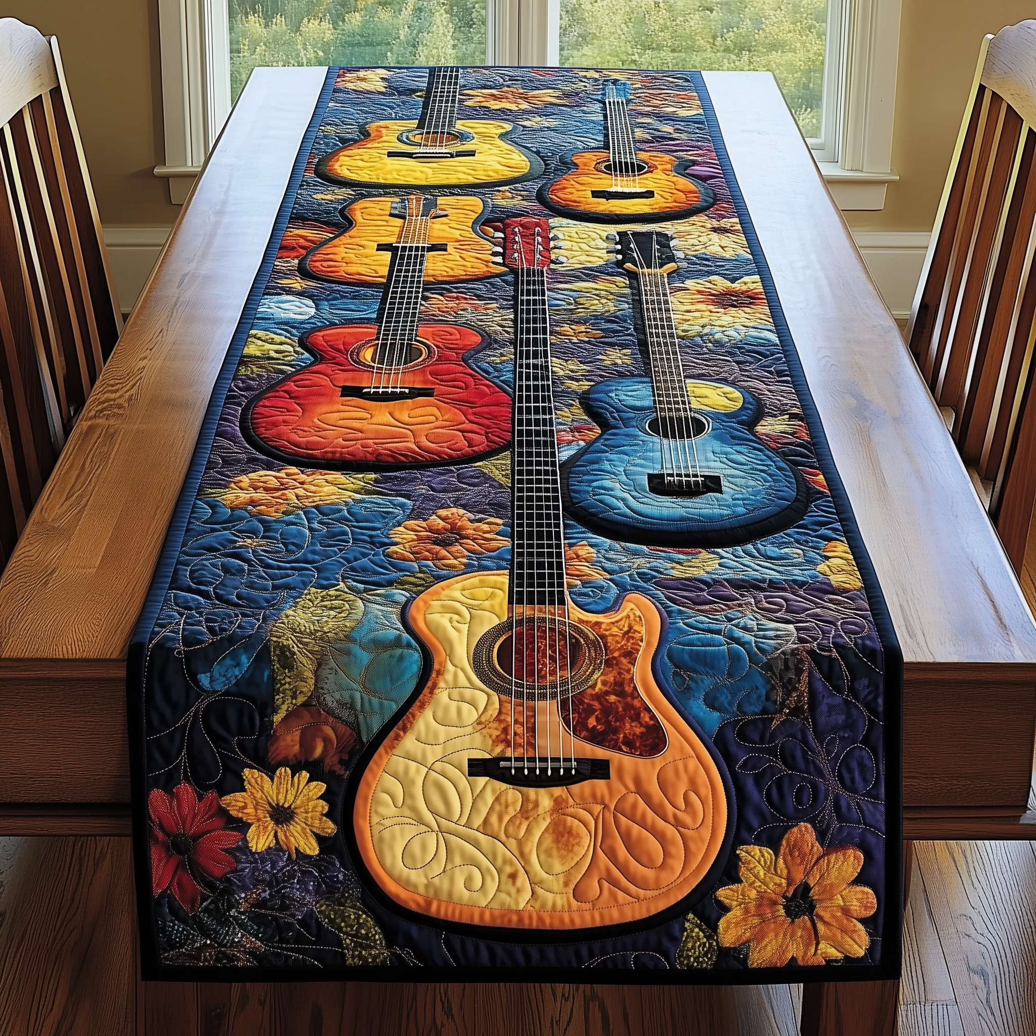 Guitarist's Garden Quilted Table Runner Dining Room Decor Best Gifts For Guitar Lovers