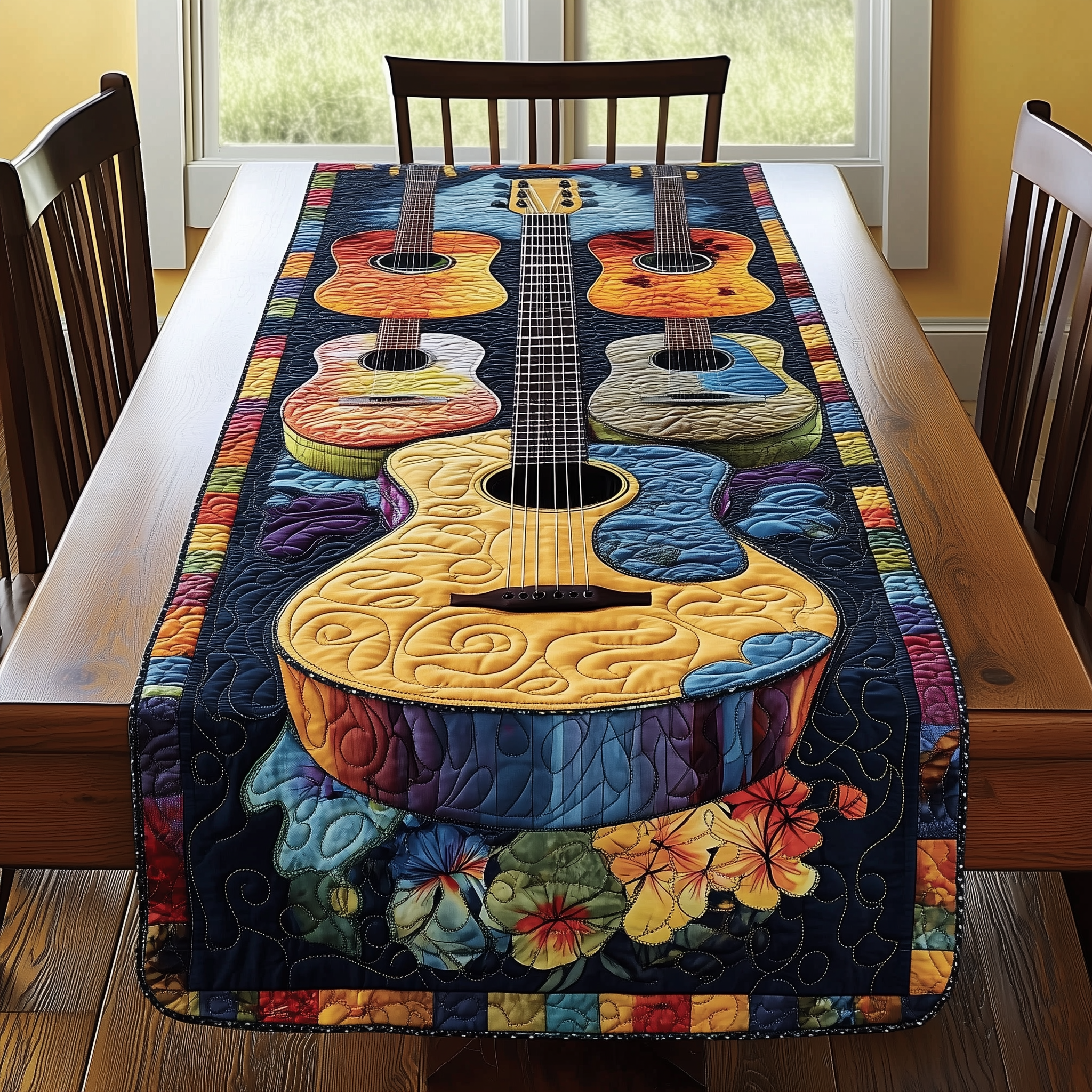 Guitarist's Garden Quilted Table Runner Dining Room Table Decor Unusual Gifts For Guitar Players