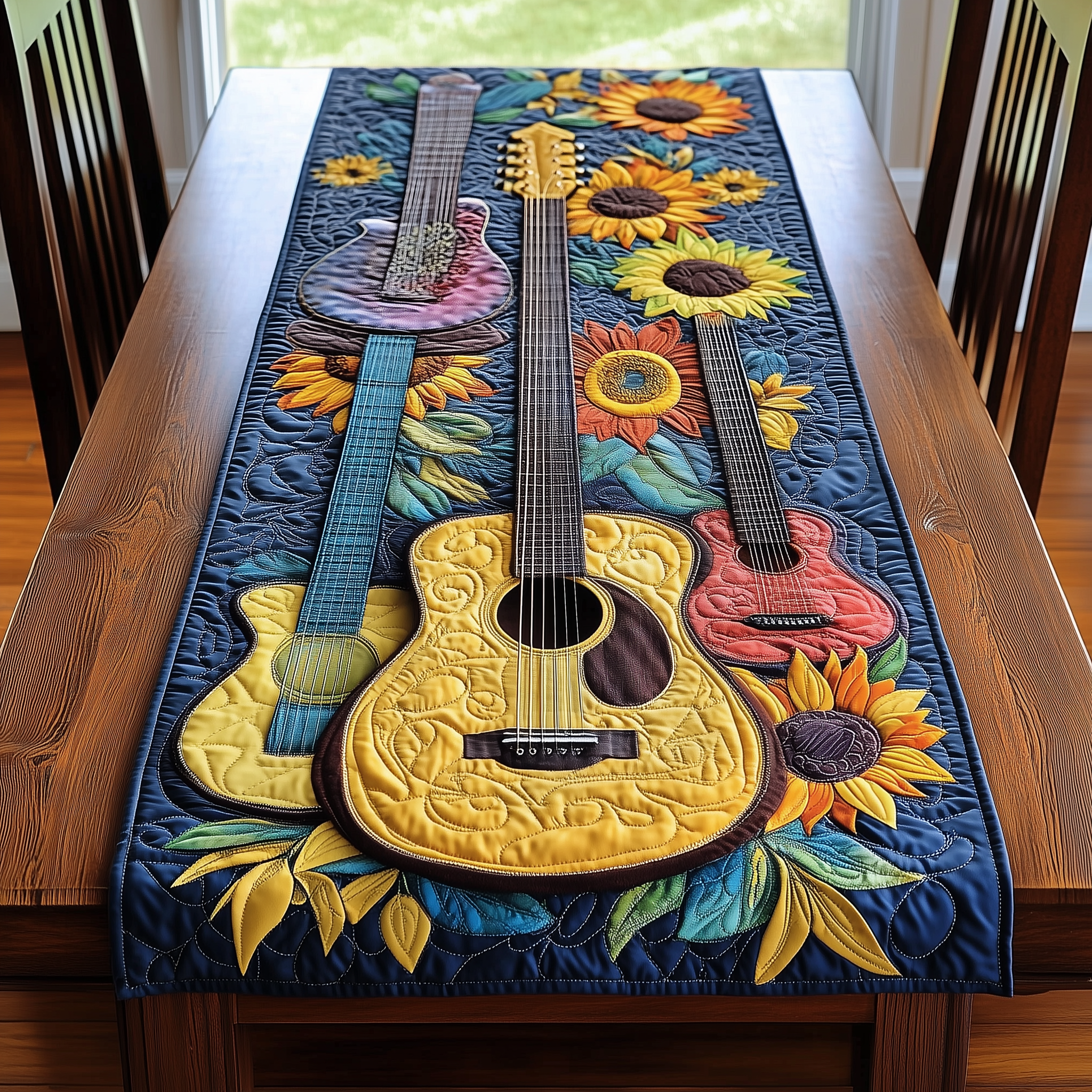 Guitarist's Garden Quilted Table Runner Kitchen Table Decor Gifts For Guitar Enthusiasts